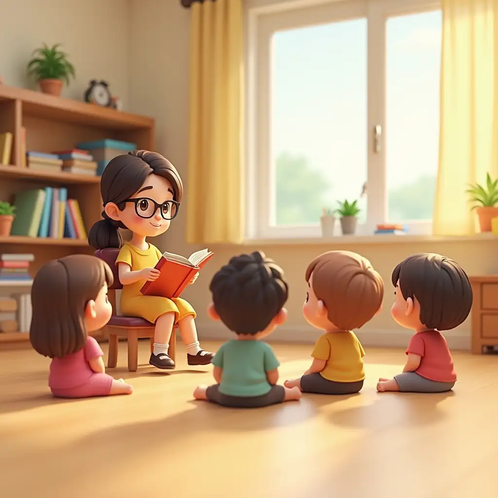 In a kindergarten, children are sitting on the floor looking at the teacher in front of them. The teacher is sitting in a small chair reading a story to them. chibi style 3d rendering.