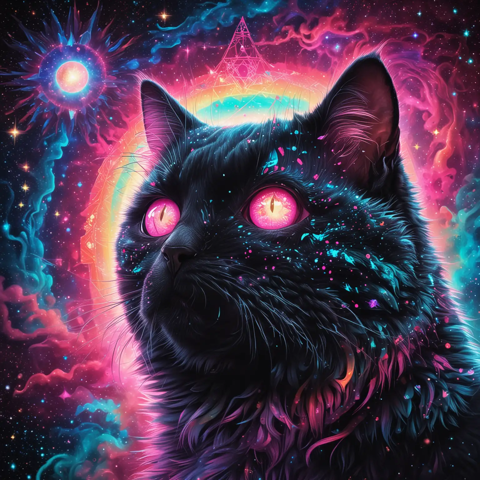 A psychedelic portrait of a mostly black, three-eyed cat looking slightly to the right. Its neon pink and cyan glowing eyes contrast against dark fur adorned with subtle rainbow fractals and cosmic patterns. The background features swirling galaxies and geometric shapes in vibrant, iridescent colors. The glowing third eye adds a mystical, surreal aura.