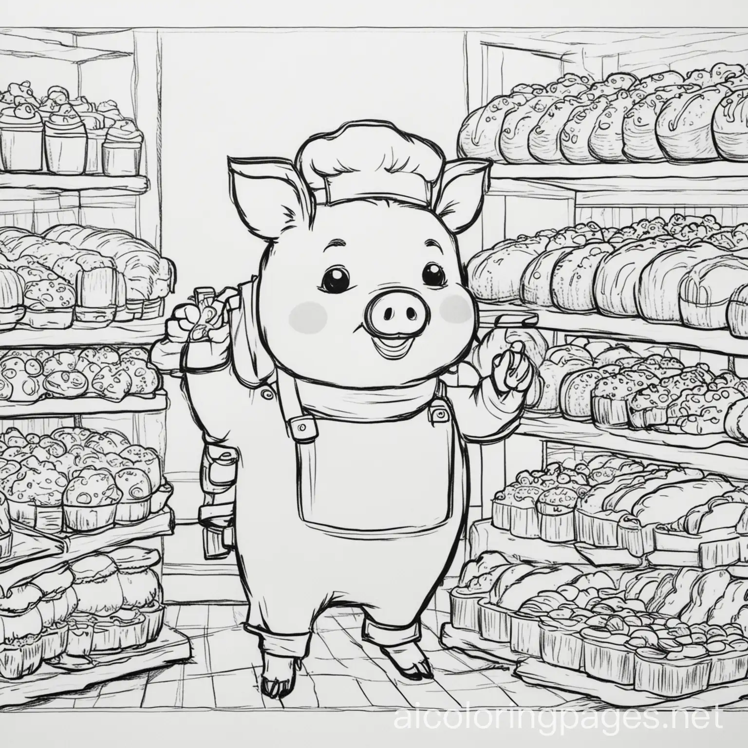 Pig-Bakery-Coloring-Page-with-Simple-Line-Art