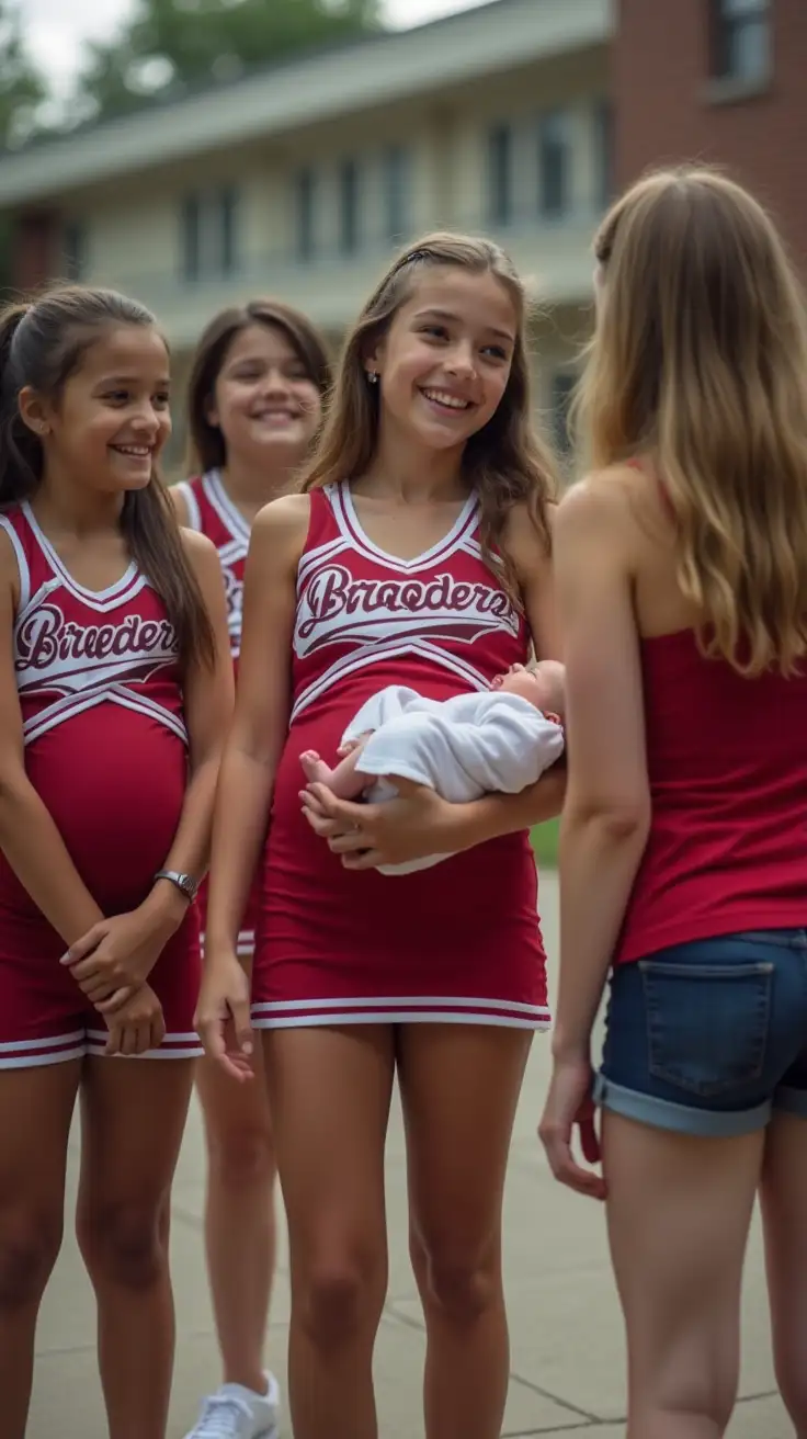 petite young girl is standing in front of a school, showing the baby she is holding to several young girls. each girl is wearing a 'breeders' cheerleader uniform covering a pregnant belly.
