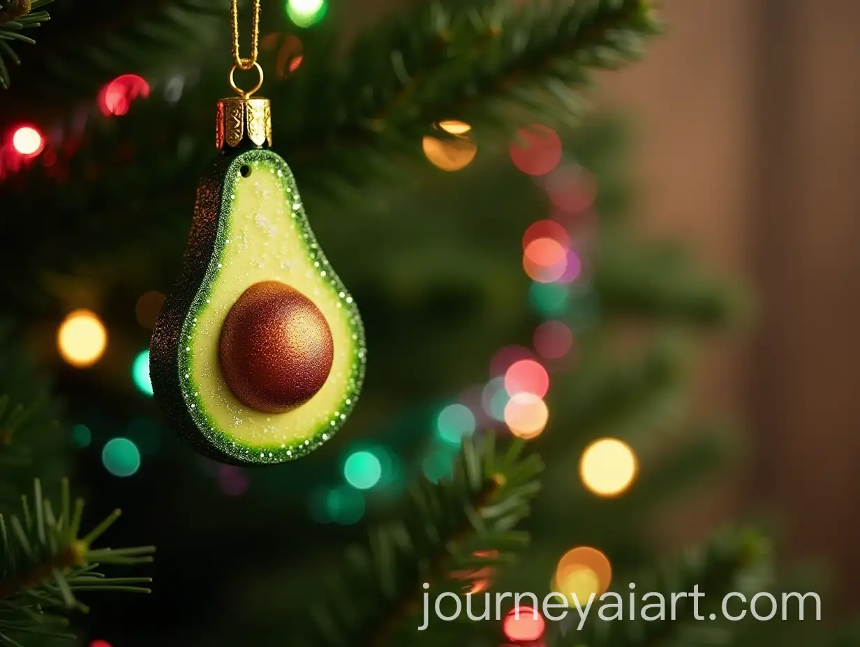 Sparkling-Avocado-Ornament-on-a-Christmas-Tree-with-Colorful-Garlands