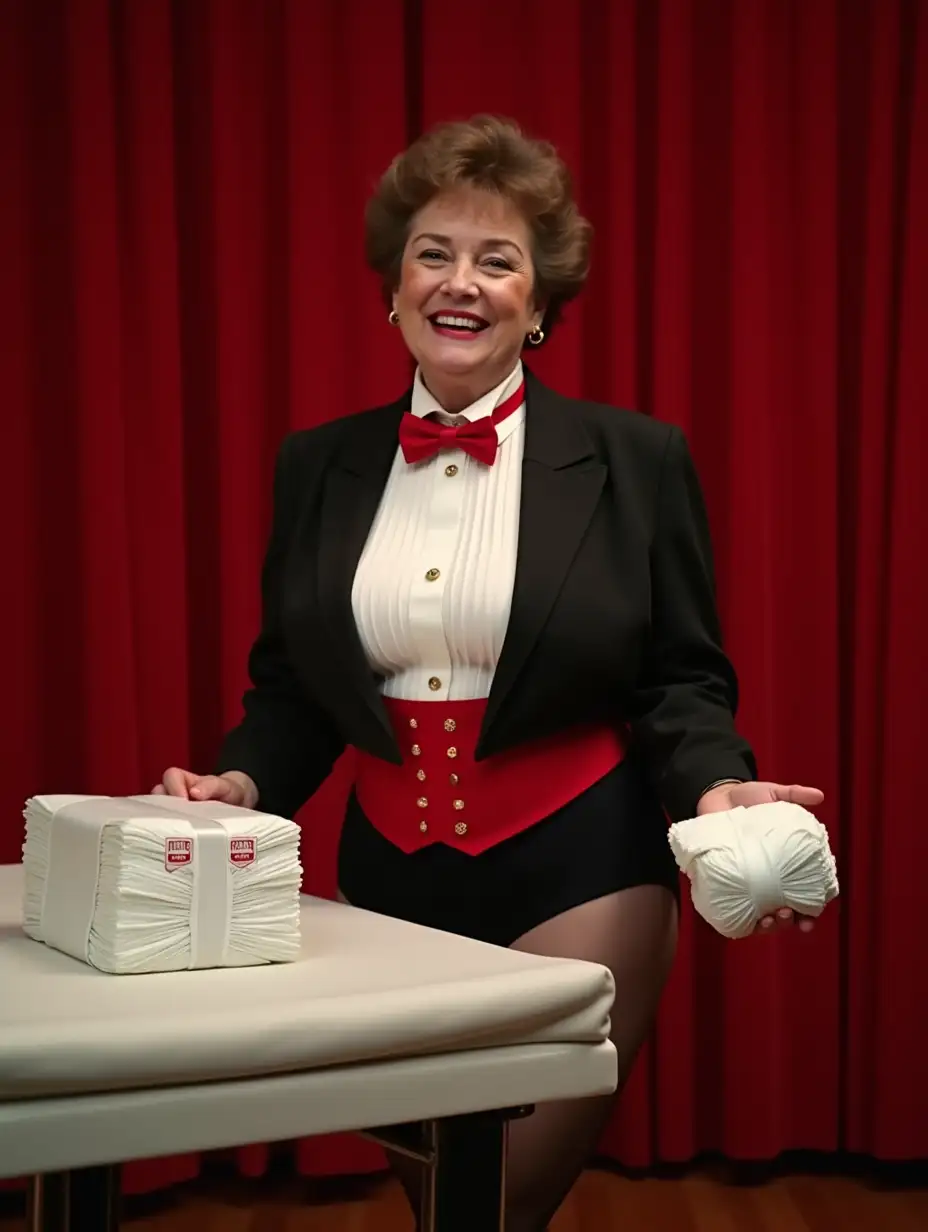 (photo realistic), (sweet laughing older-aged larger plump full-figured body type with large wide hips)) ((Caucasian female woman)), ((with short light brown curly 1980s hair with curly bangs)), (wearing a very formal orchestra concert tuxedo) with ((black long sleeve high cut cropped Eton jacket)), ((((white tuxedo shirt, with tight high standing wingtip collar, and many thick vertical pleats front)))), (((red diamond point bow tie with red thick adjustable neckband))), red cummerbund, ((black tight high cut spandex briefs)), nylons, ((looking at viewer, standing by a white padded changing table while presenting a stack of large bright white folded plastic backed disposable diapers in her hand)), ((with a large sized white and red plastic rounded box package of Huggies Diapers on the changing table)), on stage with a red curtain backdrop, for a magic show, front view.