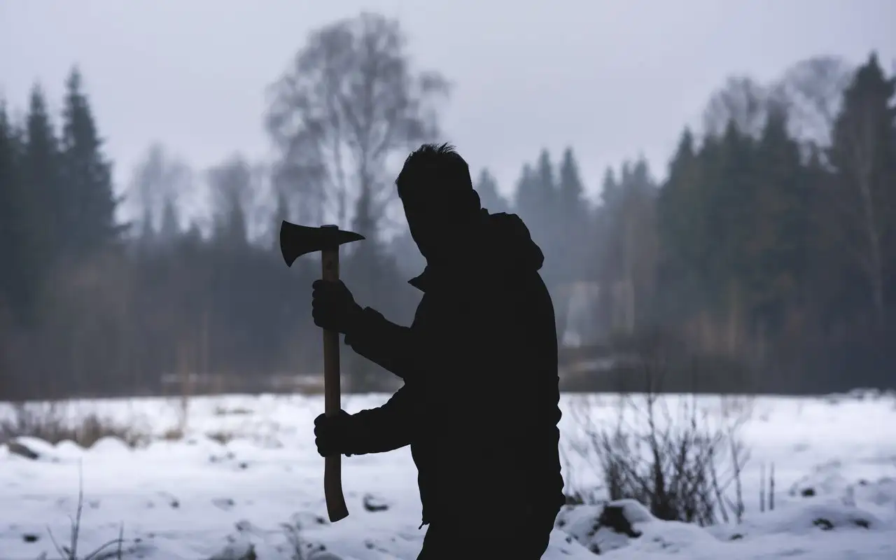 Silhouette of a Man with an Axe in a Snowy Landscape