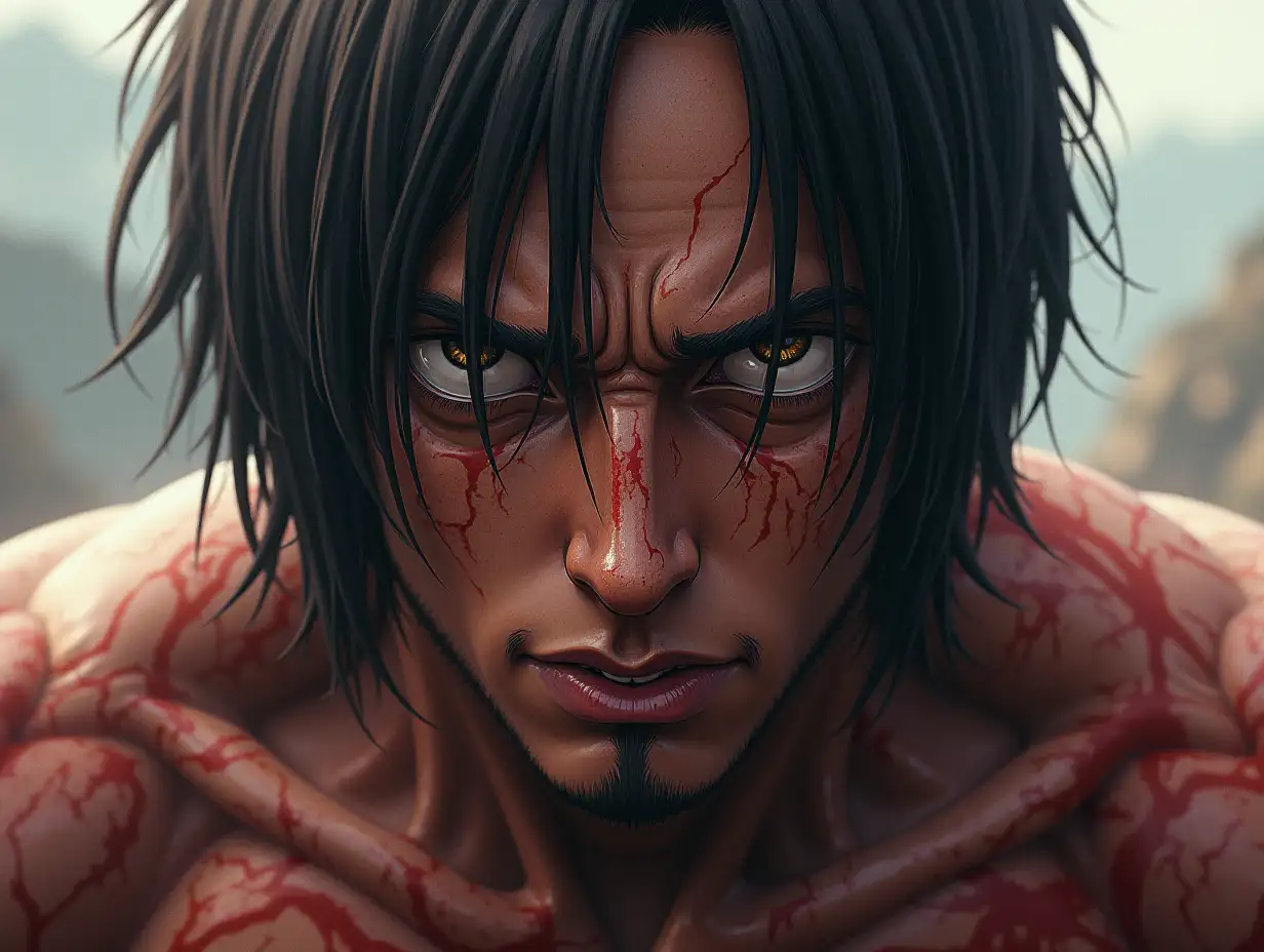 ultradetailed hyperrealistic photo-realistic portrait of a 10 meter tall titan from attack on titan, eren yager with focus on texture, surfaces and lighting to give depth, dimension and a photo-realistic look