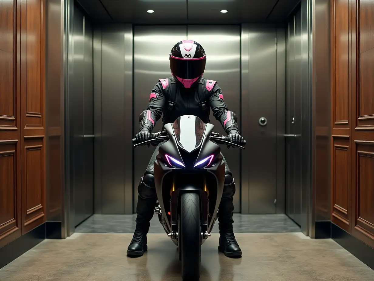 a teenage woman riding a modern speedy motorbike inside a large metallic elevator with open door, a piece of a noble art deco hotel hallway with crafted walls on the sides, she is entirely covered, only eyes visible, wearing a black durable racing suit with notable pink details, bulky motorbike boots, full helmet with mask and transparent visor, gloves, backpack straps, knee pads, lots of wearable gear, turned to front