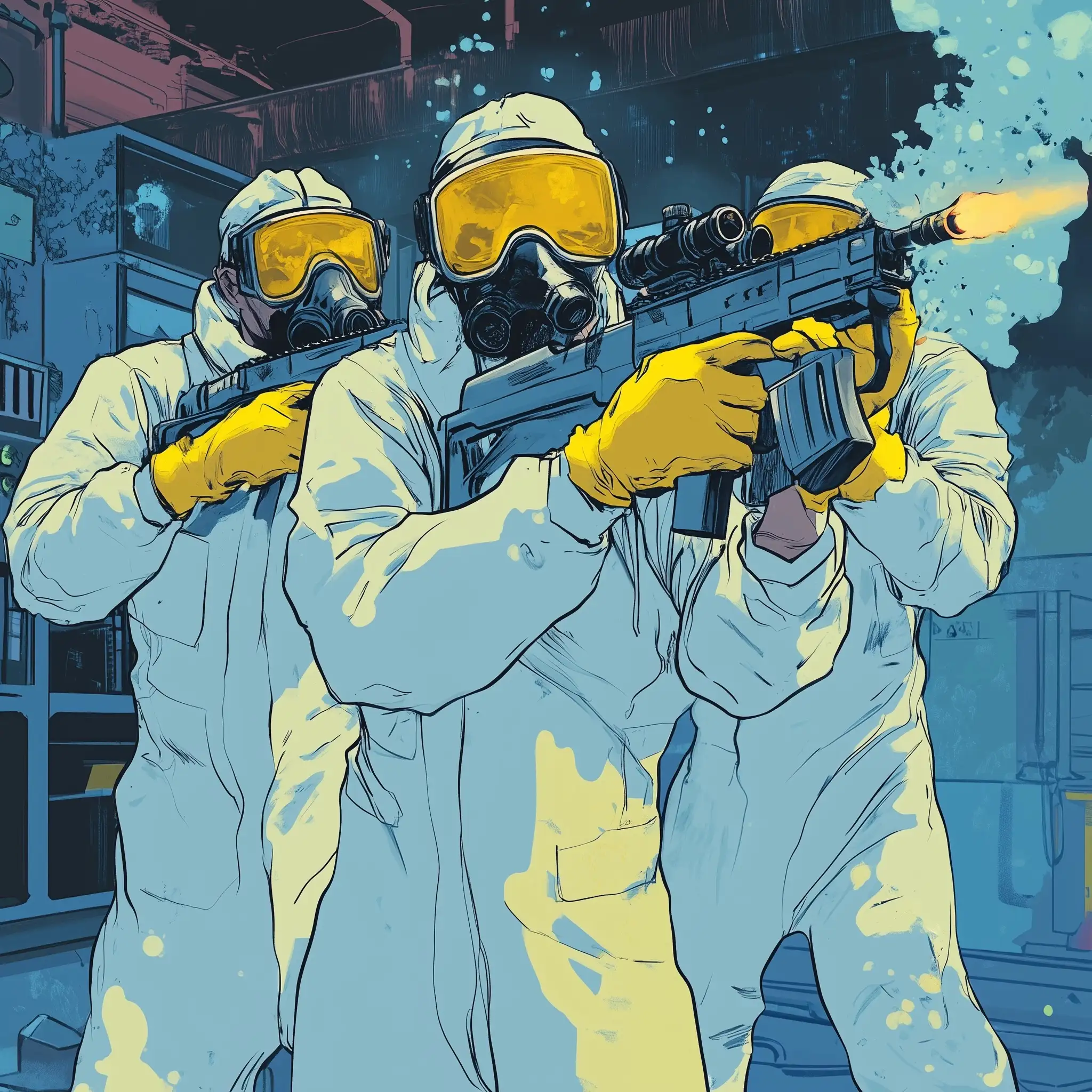 Comic-Style-Criminals-with-Paintball-Guns-in-White-Lab-Coats-and-Yellow-Rubber-Gloves