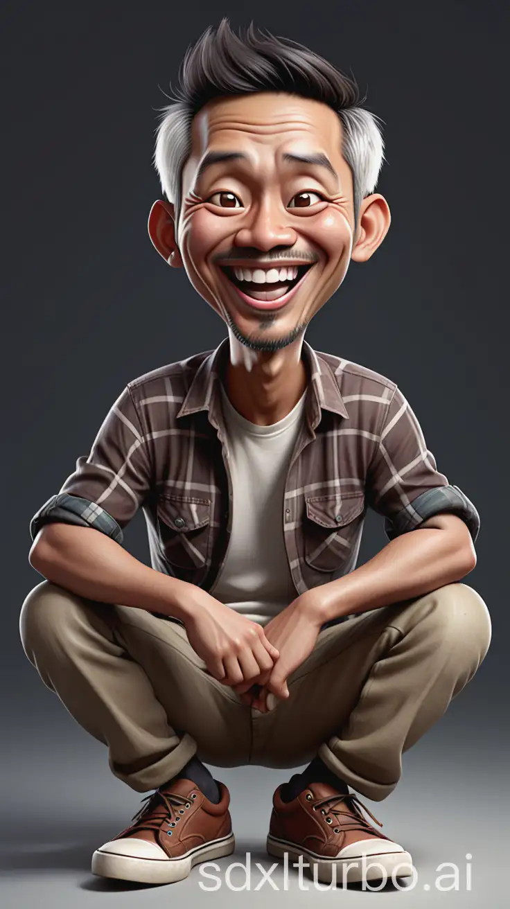 Realistic-3D-Caricature-of-Laughing-Indonesian-Man-in-Flannel-Shirt-and-Cargo-Pants