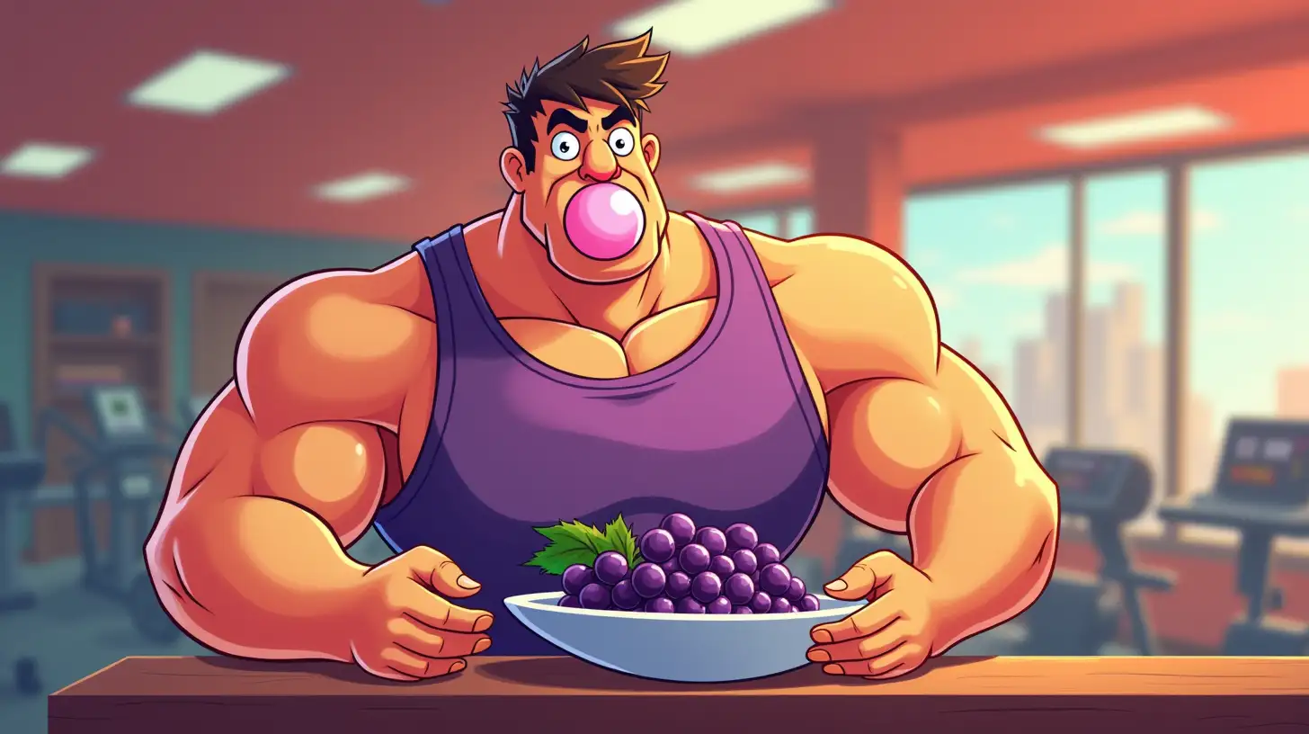 Cartoon Buff Man Blowing Bubble Gum in Colorful Gym with Grapes