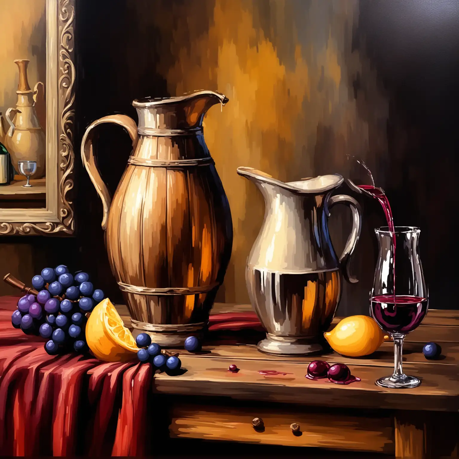 Wine-Being-Poured-into-a-Jug-on-Table-in-Oil-Painting-Style