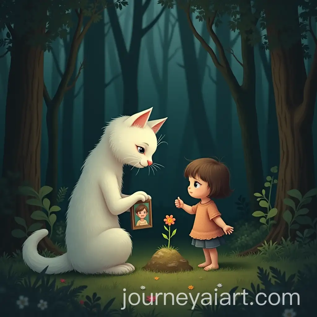 White-Cat-and-Child-in-Deep-Forest-at-a-Tiny-Grave-with-Picture-and-Flower