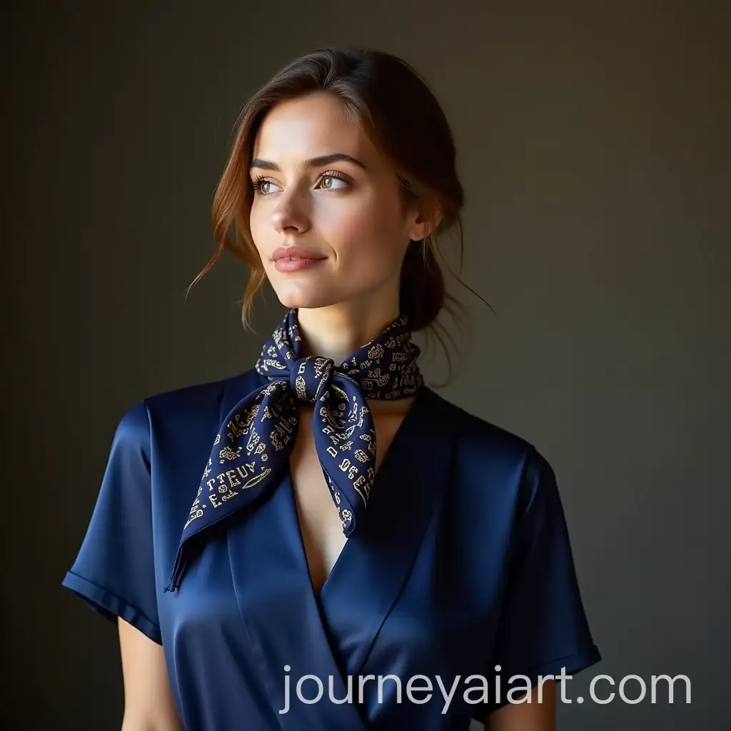 Elegant-35YearOld-Woman-in-Deep-Blue-Silk-Satin-Dress-with-Hermes-Silk-Scarf