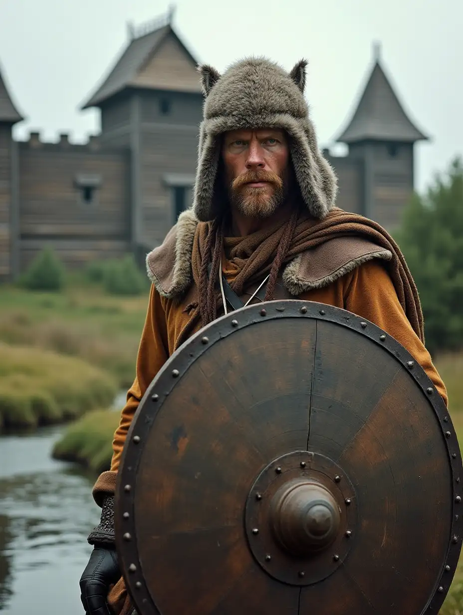 Scandinavian Warrior in Summer Fortress with Round Shield