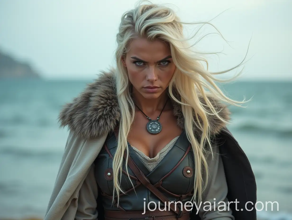Blonde-Viking-Woman-Warrior-in-Battle-Pose-by-the-Sea