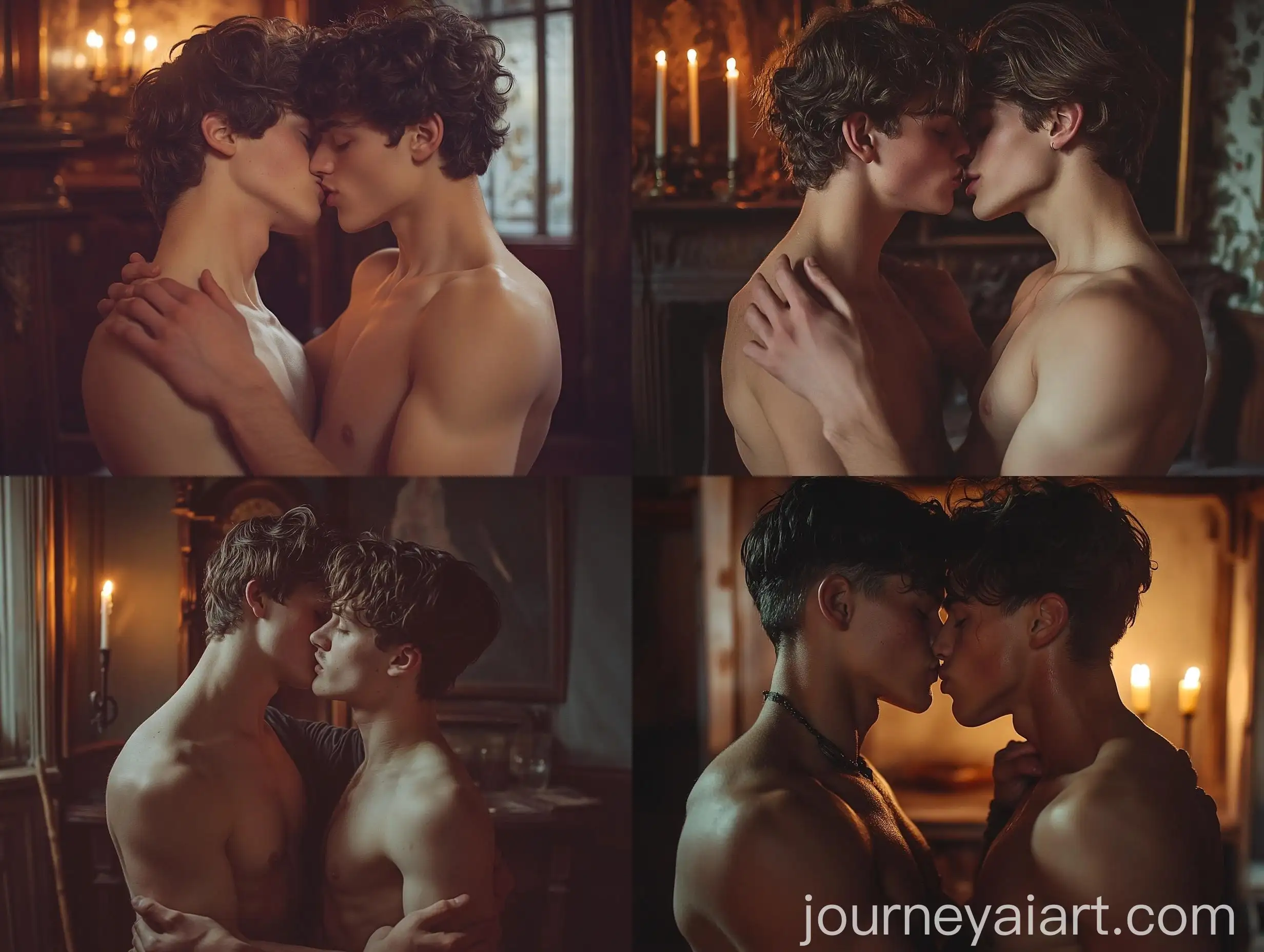 Romantic-Shirtless-Young-Men-Embracing-in-Vintage-Room-1807-Setting