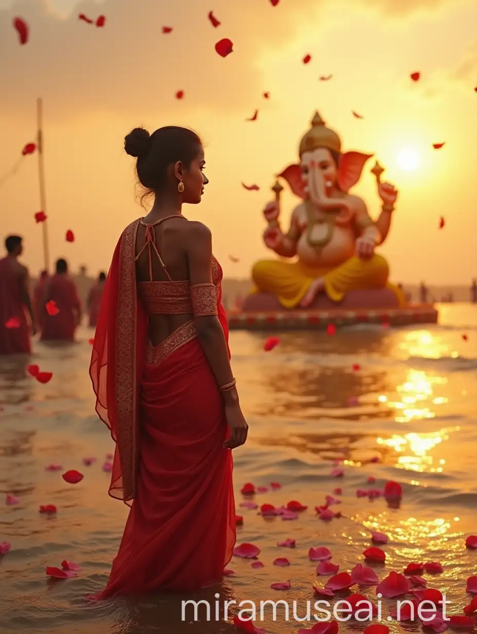 Indian Girl in Marathi Attire Celebrating Ganesh Chaturthi at Chowpatty