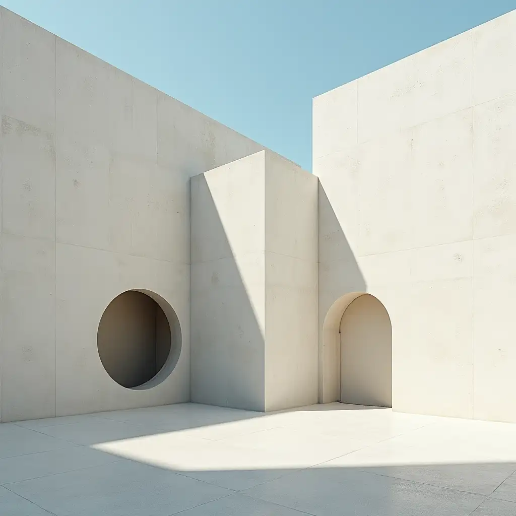 Minimalist architecture, Brutalist concrete walls, Geometric shapes, Oval window, Shadow play, Soft lighting, Neutral tones, Clean lines, Abstract composition, Modernist design, Textured surfaces, Blue sky, Negative space, Subtle contrast, Artistic photography