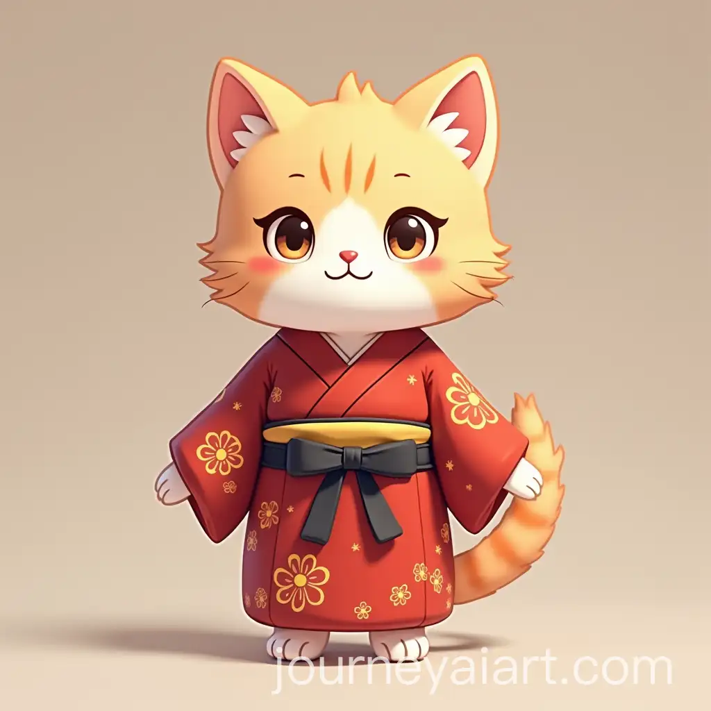 Cute-Kitten-in-Japanese-Costume-Standing-Upright-Cartoon-Anime-Style