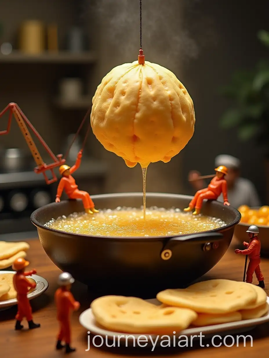 Miniature-Workers-Inflating-Puffed-Puri-in-Kadhai-with-Crane-and-Quality-Control