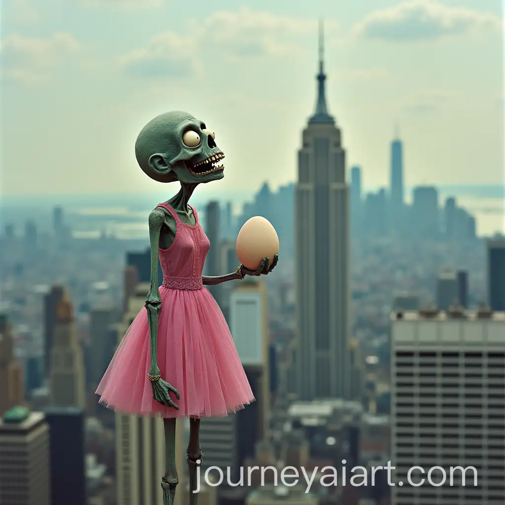 Zombie-in-Pink-Dress-Eating-an-Egg-on-a-Skyscraper