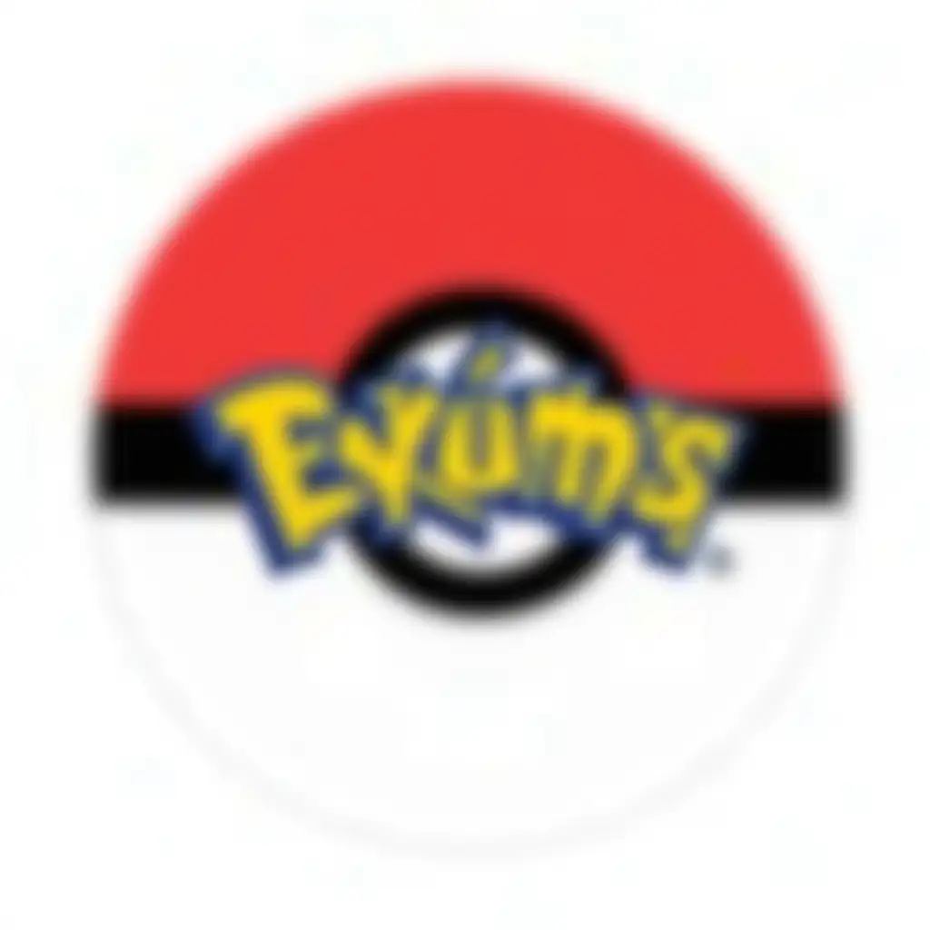 A classic Pokéball design with a red top, white bottom, and a black horizontal band across the middle. Above the black band, the word 'Evin’s' is written in the classic Pokémon logo style: bold, playful, yellow letters with a dark blue outline. The overall style is clean and vibrant. The background is transparent.