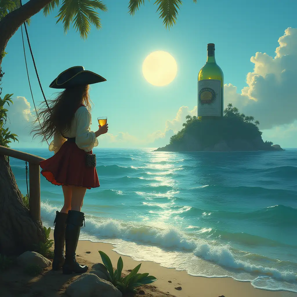 caribbean, beach, sun, dawn, blue haze. a girl with long growing hair dressed in a pirate pantaloon costume and corner and stands with a glass on the deck of an 18th century ship and looks at the sea. a huge bottle is standing on the shore. surrealism style, panoramic view of the island