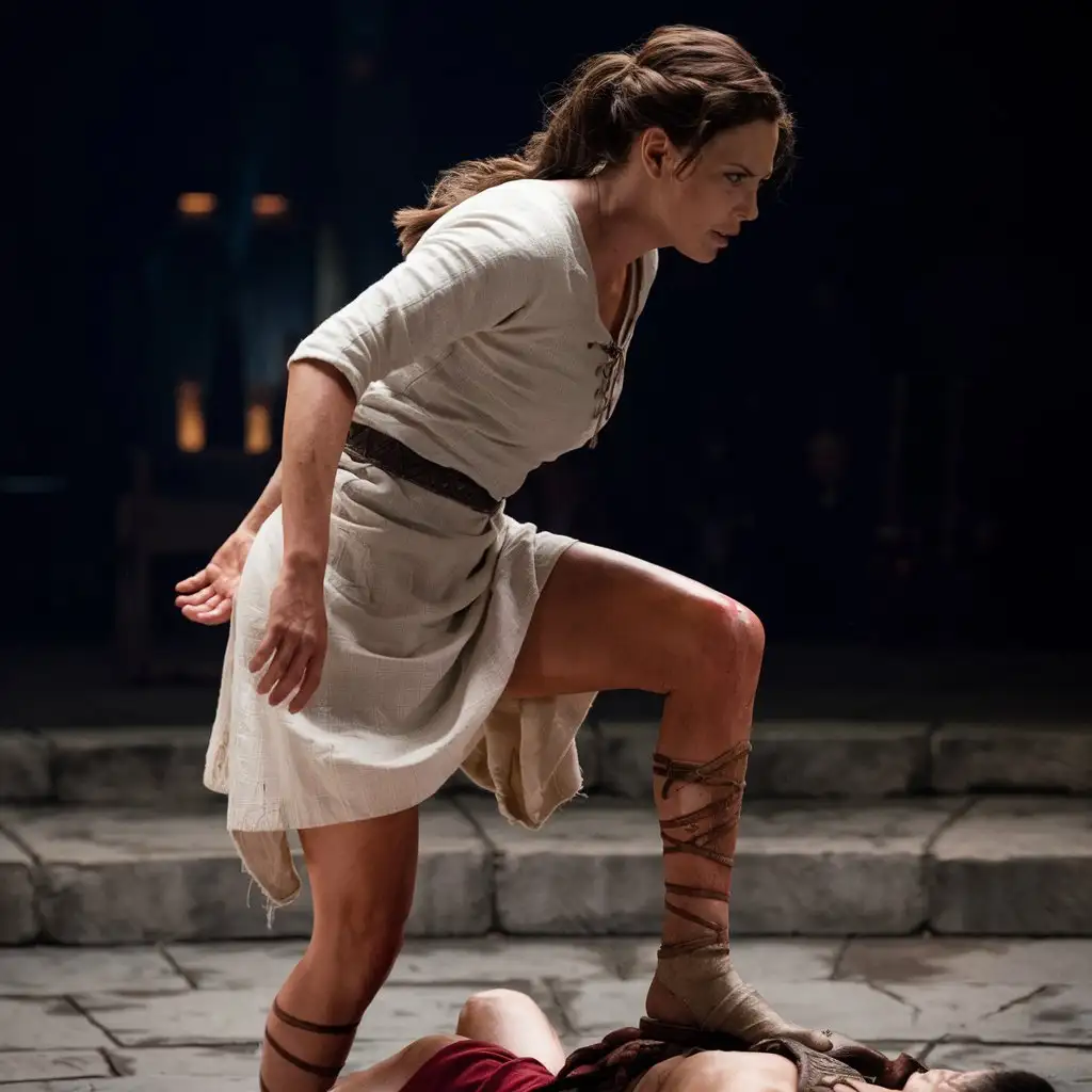 The very beautiful gladiator Charlize Theron with a deep neckline placed her right foot on the chest of her defeated opponent. cinematic, photo , 4k