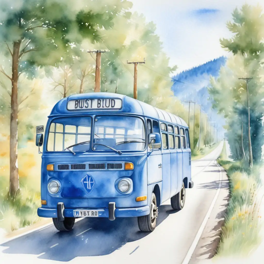 Blue Bus Driving on Summer Road with Watercolor Effect