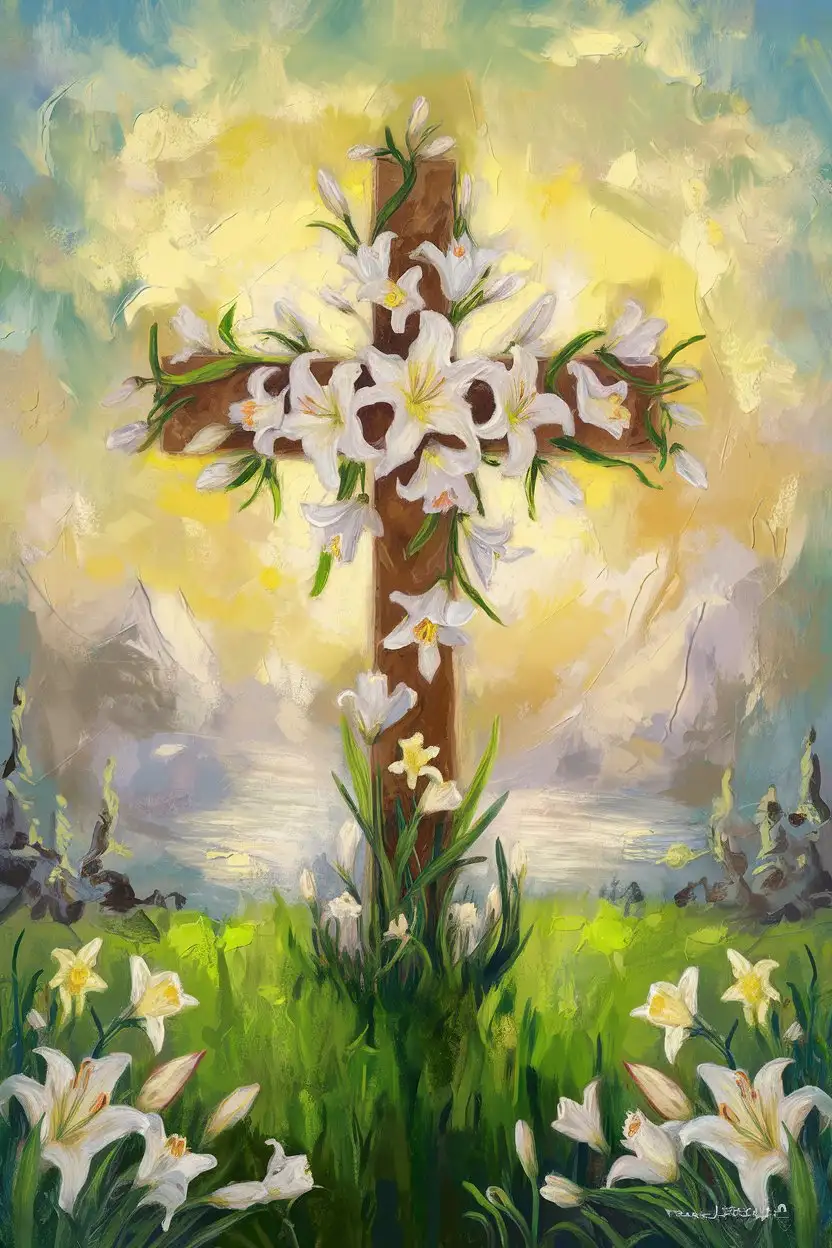 A symbolic painting of an Easter cross adorned with blooming spring flowers like lilies and daffodils, against a sunrise sky.  Inspirational and hopeful mood, soft and luminous colors, impressionistic style, ethereal atmosphere, religious art.