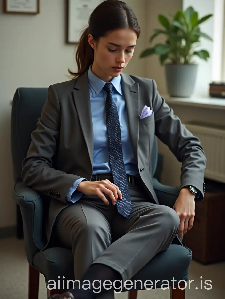 Full body shot of surprised brunette female woman college student, wearing man's Oxford shoes, wearing oversized man's gray business suit, man's long necktie in Windsor knot, pocket square, crisp blue dress shirt, black socks, looking down at her outfit, sitting in chair, in office