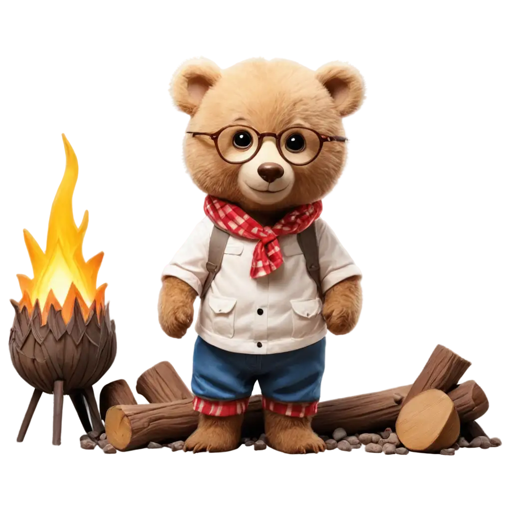 a little bear with glasses in a tourist costume near a campfire