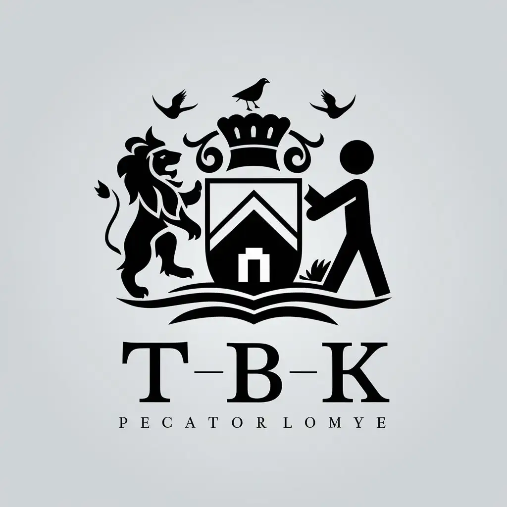 a vector logo design,with the text "TBK", main symbol:coat of arms, lion, house, birds, person,Minimalistic,be used in Others industry,clear background