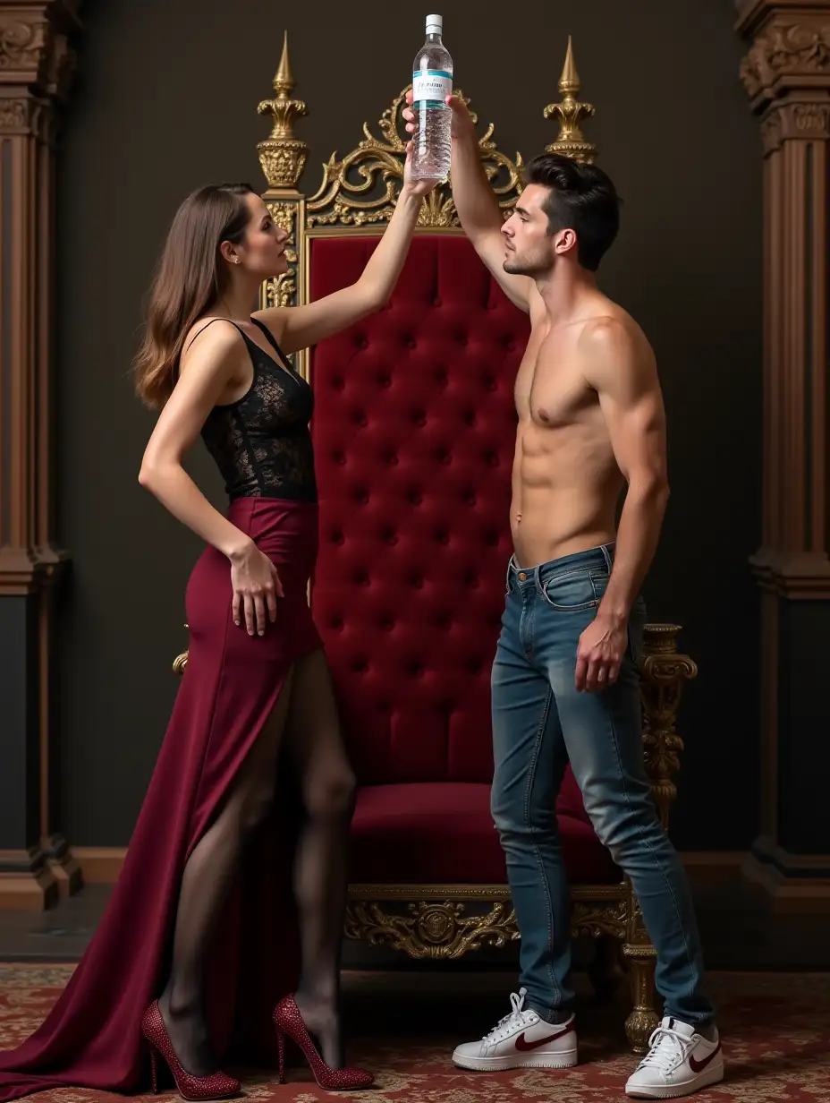 A slender, pretty young European woman with brown hair, in a fitted burgundy evening dress with black lace inserts, in black transparent tights with glitter, and sexy red stilettos, competes with a guy dressed in jeans and sneakers, with a bare muscular torso and long hair, where both standing reach for a bottle of mineral water standing on the royal throne in the castle, above which the imperial crown hangs. A huge bottle of water stands on the throne, and they just want to take it