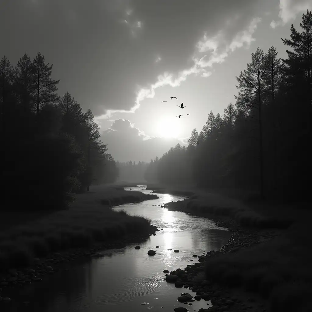 4k resolution image of a grey scale depiction of a brook running through the forest with the sun setting in the distance birds are in the sky. Cumulous clouds with a tranquil somber feeling to the image