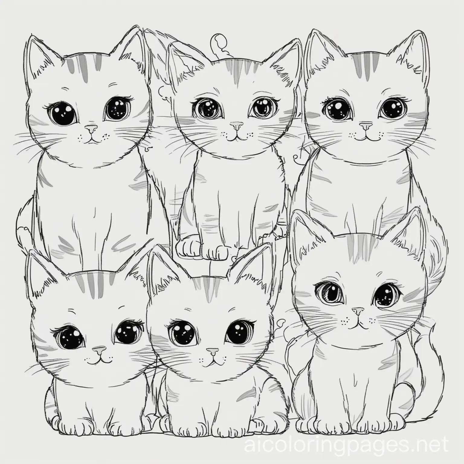 Cats, Coloring Page, black and white, line art, white background, Simplicity, Ample White Space. The background of the coloring page is plain white to make it easy for young children to color within the lines. The outlines of all the subjects are easy to distinguish, making it simple for kids to color without too much difficulty