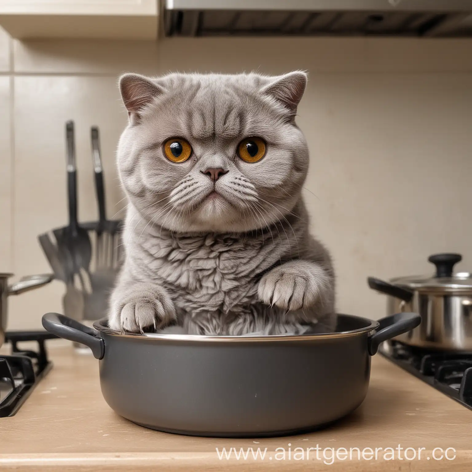 A cartoon a 9-month-old gray Scottish Fold cat with folded ears cooking