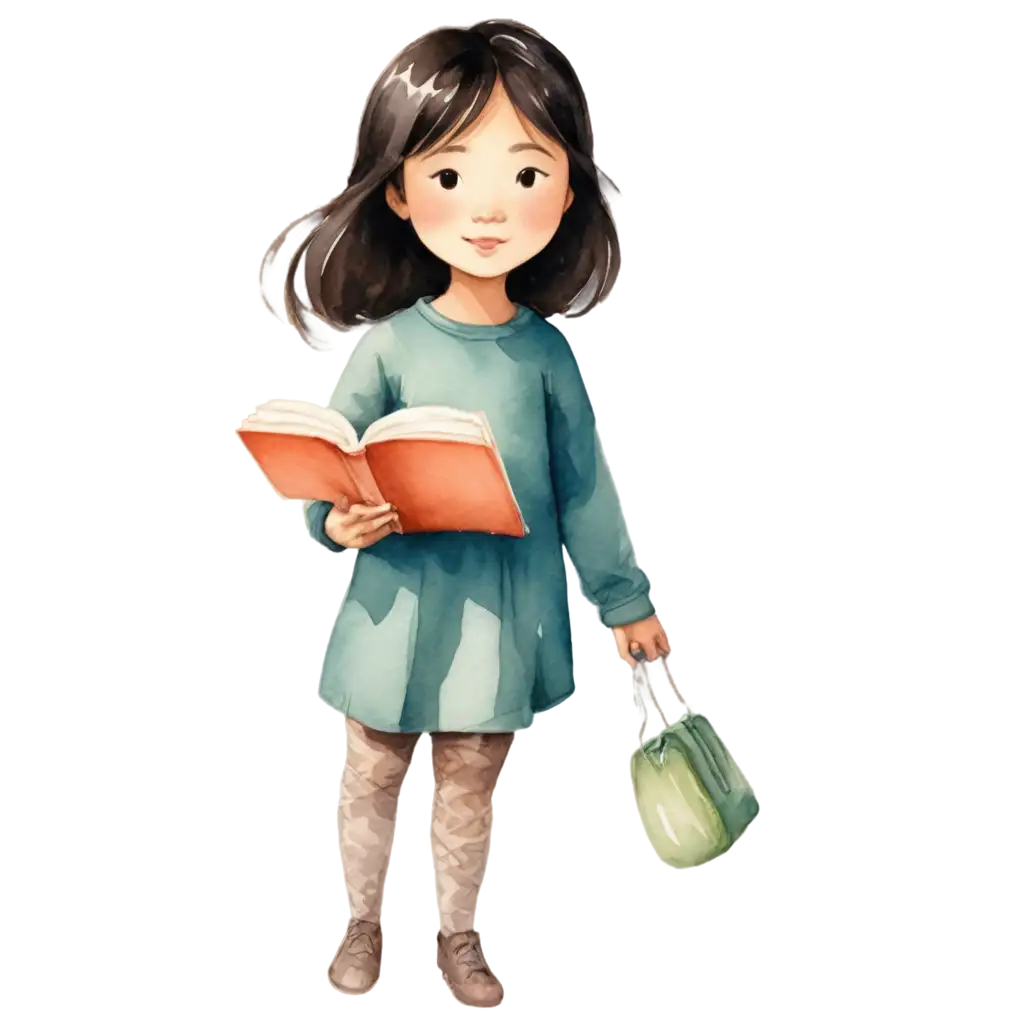 Watercolor-PNG-of-an-Asian-Woman-in-Magical-Dreamy-Childbook-Cartoon-Style