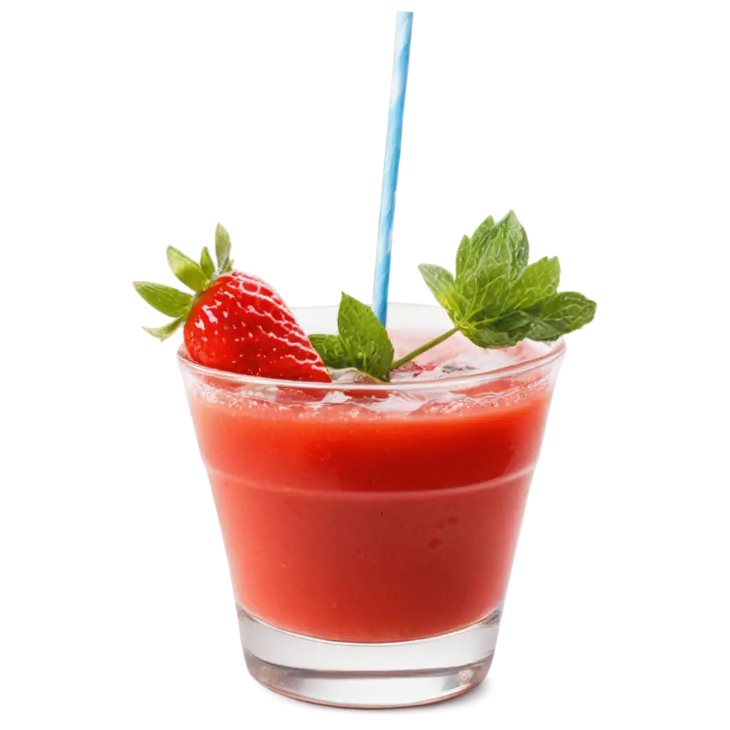 Create a vibrant and refreshing image of a glass of strawberry juice. The glass should be filled to the brim with bright red juice, garnished with fresh strawberry slices and a sprig of mint. Include droplets of condensation on the outside of the glass to convey a chilled, refreshing feel. In the background, incorporate blurred green leaves and a sunny, outdoor setting to enhance the summery vibe.