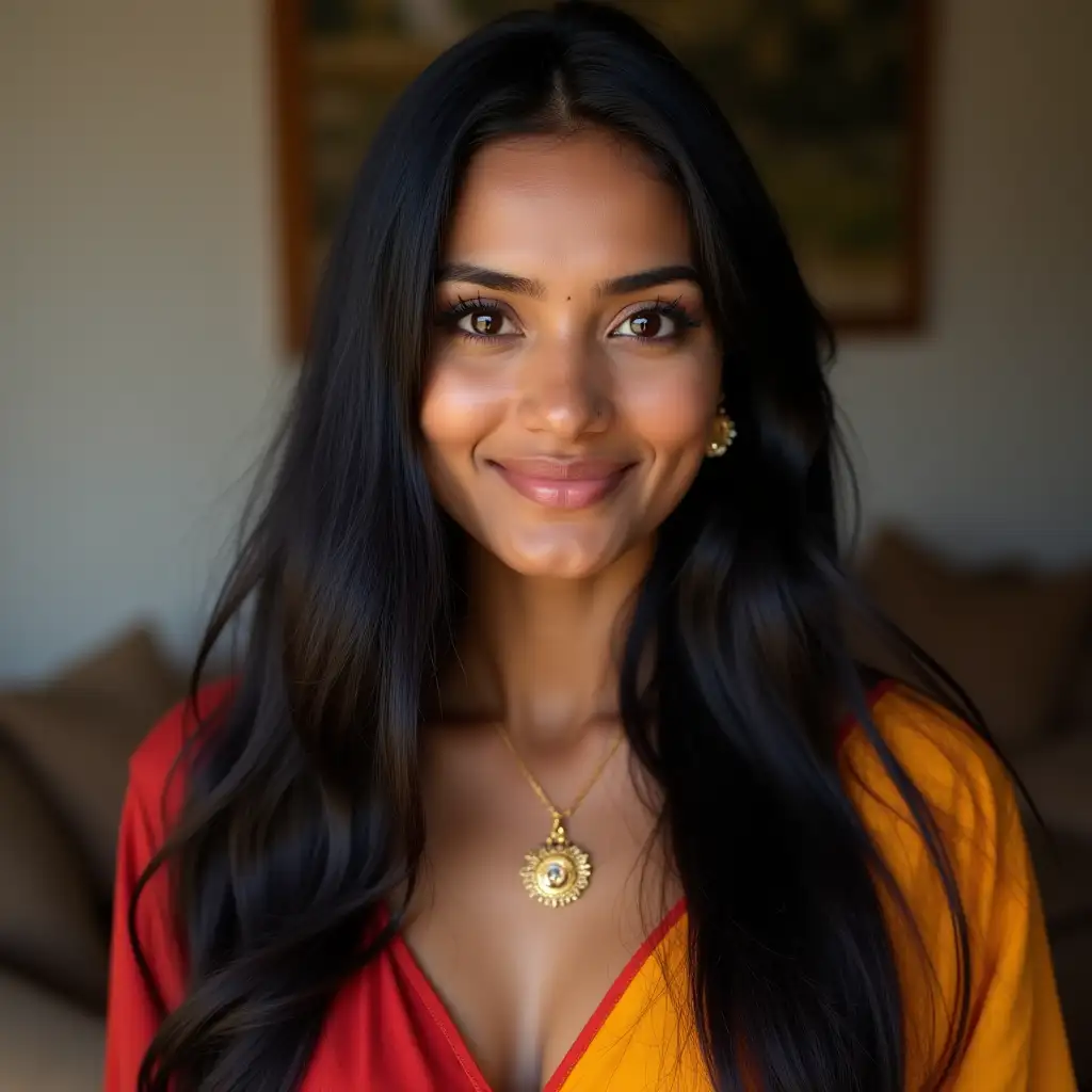 35YearOld-Indian-Mother-in-Vibrant-Dress-with-Long-Flowing-Hair-in-Cozy-Living-Room