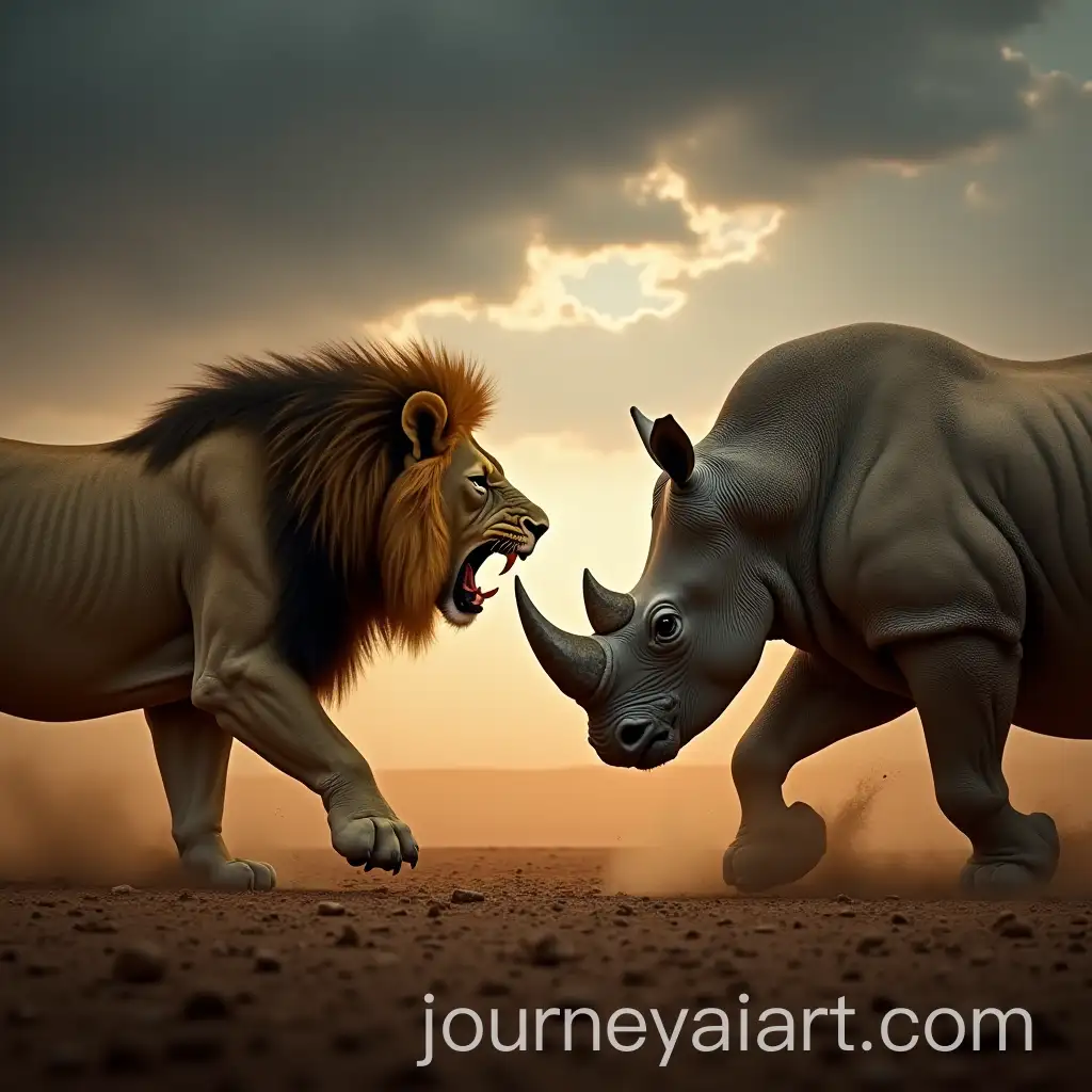 Fierce-Showdown-Lion-and-Rhino-in-Dramatic-Savannah