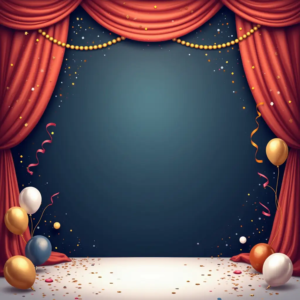 A stage decoration business social media post background with the text 'subash jaymal decoration'. The background is a gradient of midnight blue, white, and fiery coral. There are various stage decoration elements such as balloons, confetti, streamers, and a banner.