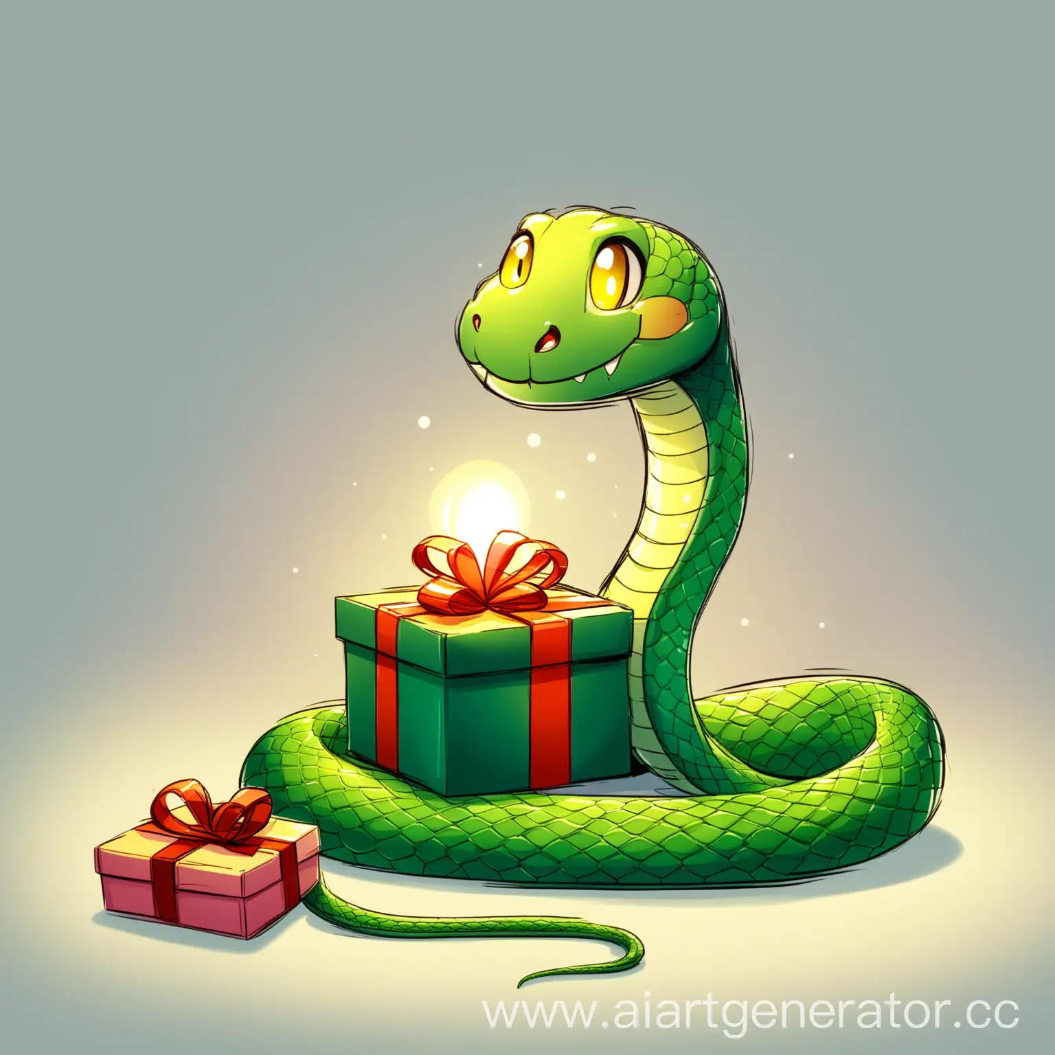 Cheerful-Cartoon-Green-Snake-Curiously-Eyeing-a-Gift