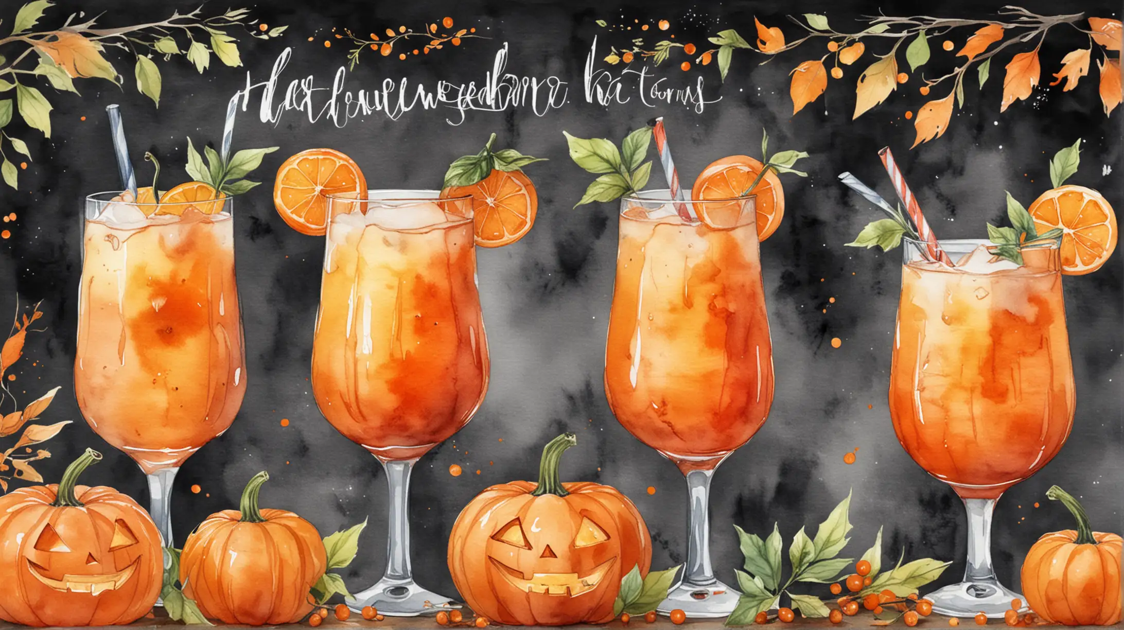 Watercolor Halloween Cocktails with Jack O Lantern and Orange Foliage