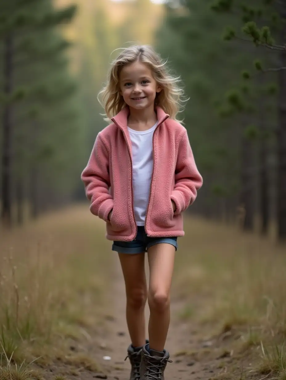 Shy-Girl-in-Fleece-Jacket-Walking-Through-Pine-Forest