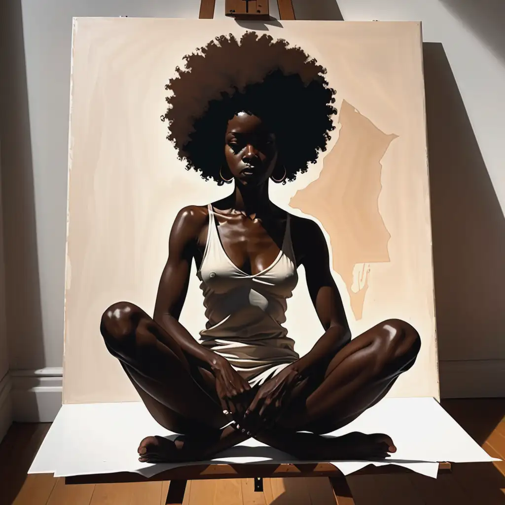 Silhouette of an African American Woman with Afro Sitting Crosslegged