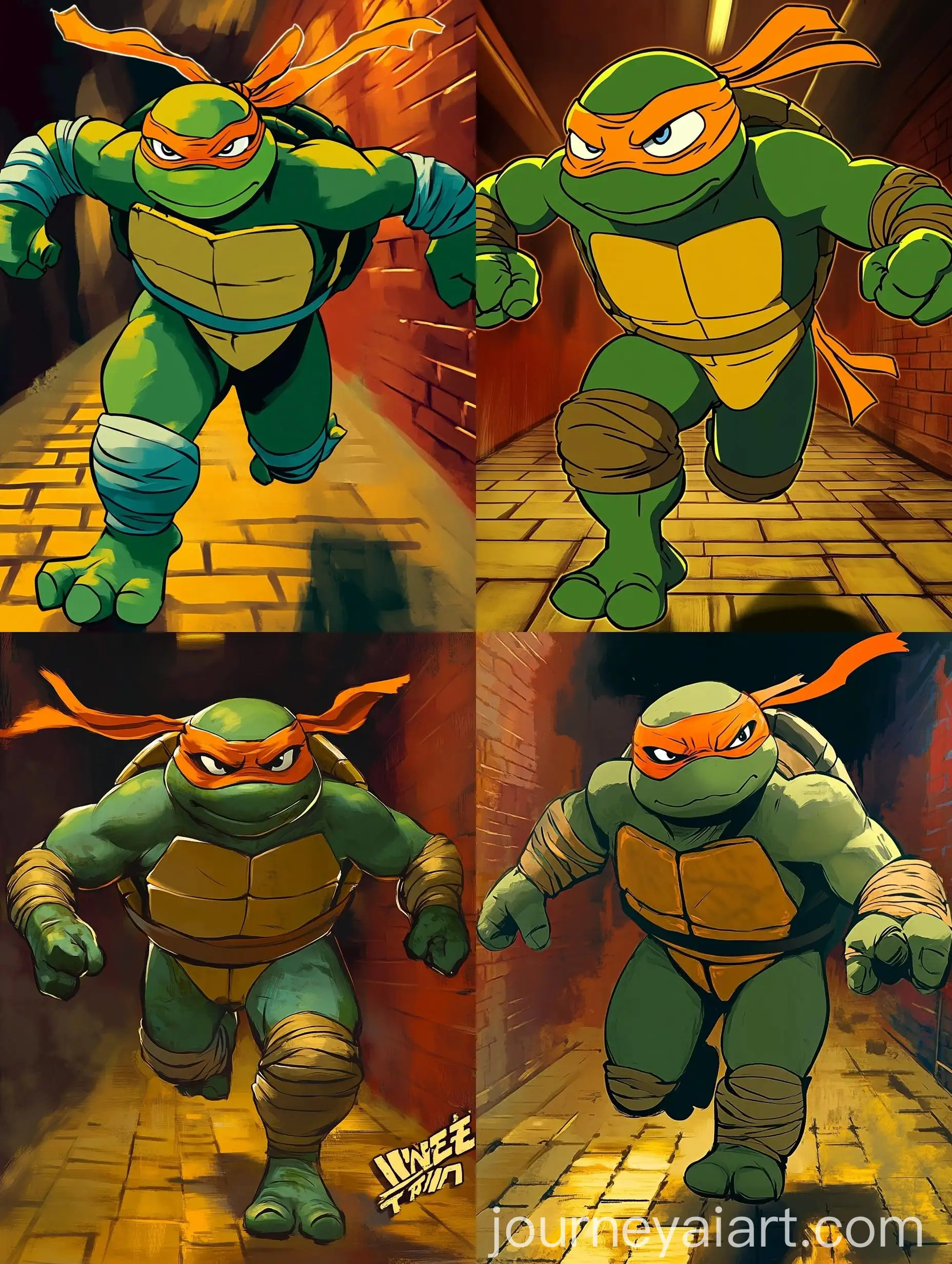 Michelangelo-Ninja-Turtle-Cartoon-Character-Running-in-Dark-Brick-Corridor