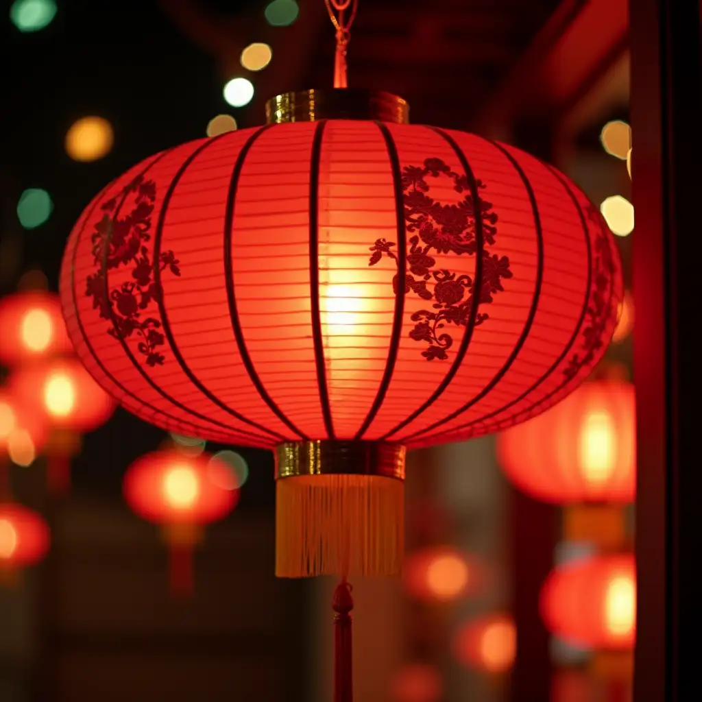 A luxurious and elegant Chinese-style lantern rotating, accompanied by multicolored twinkling lights, full of festive holiday atmosphere