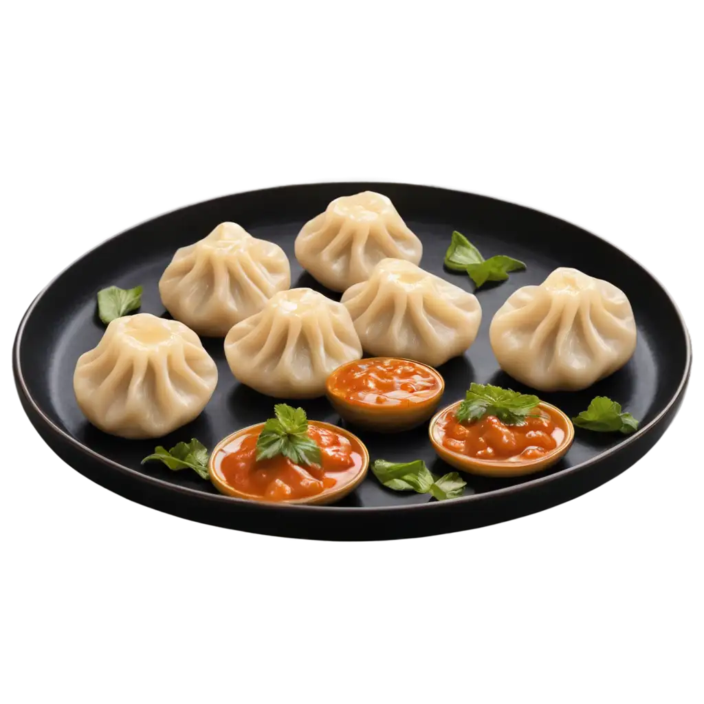 Exquisite-PNG-Image-of-Steamed-Dumplings-Momos-with-Dipping-Sauces-and-Lassi