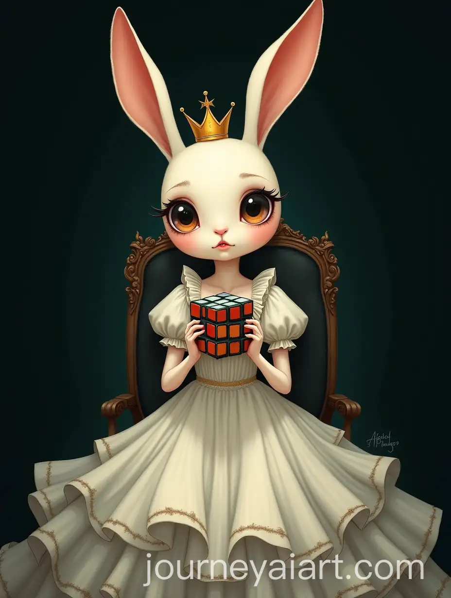 Whimsical-Rabbit-Figure-in-Ruffled-Dress-with-Rubiks-Cube-Head