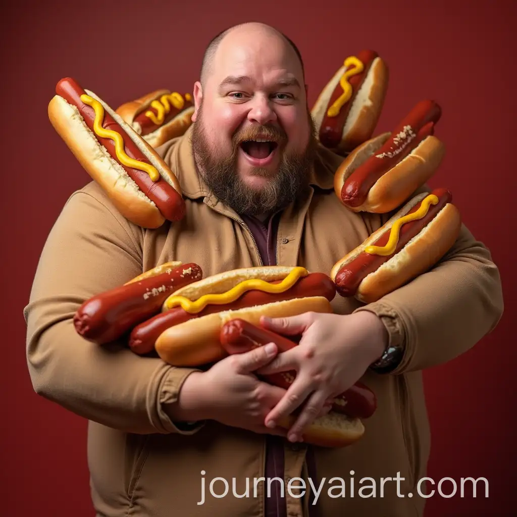 Chubby-Man-Surrounded-by-Hot-Dogs-in-a-Fun-and-Colorful-Setting