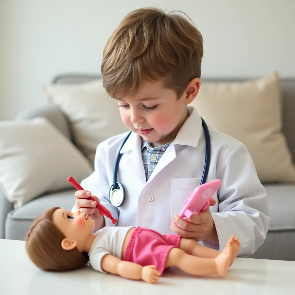 a four-year-old boy is examining a doll with a phone and medical examination tools toys. the boy is wearing a white doctor's outfit